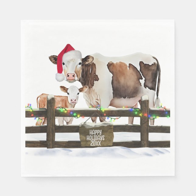 Guardanapo De Papel Vacas De Natal Com Aquarela (Frente)