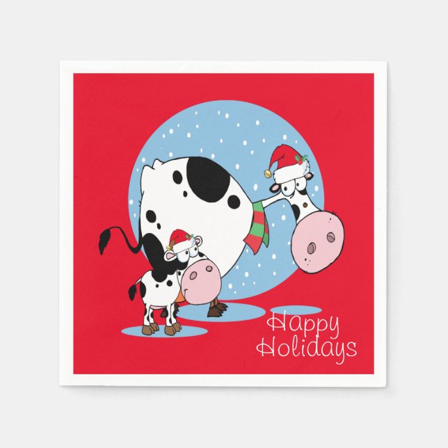 Guardanapo De Papel Vacas De Natal De Campo Com Chapéus De Papai Noel (Frente)