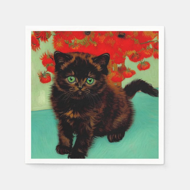 Guardanapo De Papel Van Gogh Gato Preto Flores Vermelhas (Frente)