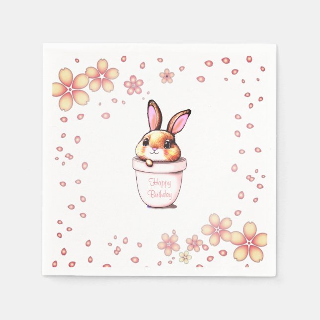 Guardanapo De Papel Vaso de Planta de Coelho de Aniversário & Flores e (Frente)