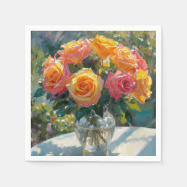 Guardanapo De Papel Vaso de Rosas Amarelas Rosadas