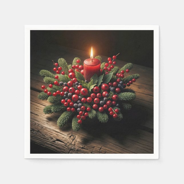 Guardanapo De Papel Vela de Natal Com Pinheiro e Frutas Vermelhas (Frente)