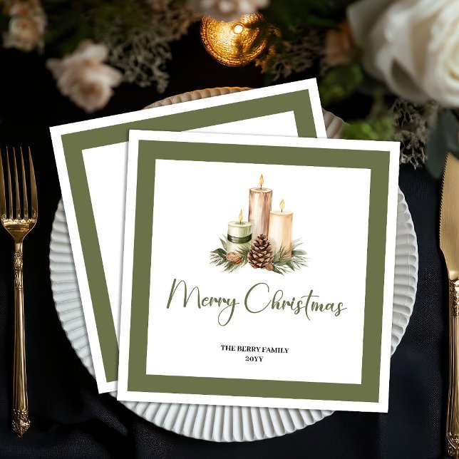 Guardanapo De Papel Velas de Natal Rústicas em Tom de Terra com Nome d (Rustic Earth Tone Christmas Candles Family Name Napkins)