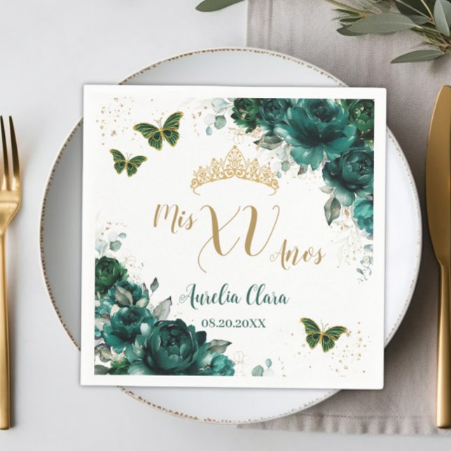 Guardanapo De Papel Verde Esmeralda Flores Quinceanera Borboletas Dour (Criador carregado)