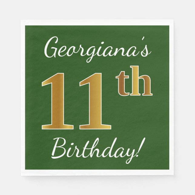 Guardanapo De Papel Verde, Faux Dourado 11 Aniversário + Nome Personal (Frente)