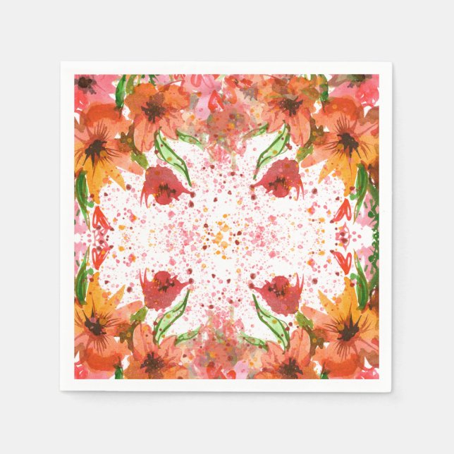 Guardanapo De Papel Verde & Laranja Moderno Floral Abstrato (Frente)