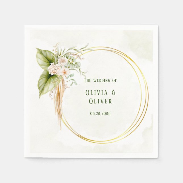 Guardanapo De Papel Verde-Oliva Elegante e Casamento Dourado (Frente)