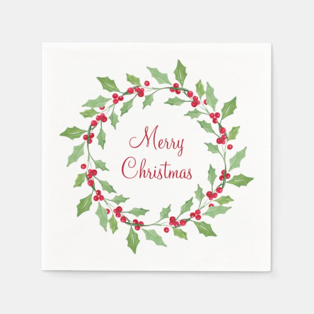 Guardanapo De Papel Verde Watercolor Holly Wreath (Frente)
