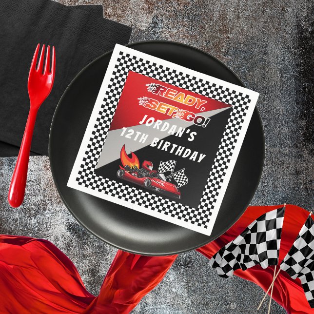 Guardanapo De Papel Vermelha | Black Go Kart Racing Birthday (Red and Black Go Kart Racing Kid's Birthday Party "Ready, Set, Go!" Paper Napkins)