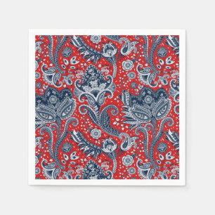Guardanapo De Papel Vermelho Branco & Azul Floral Paisley Boêmio Boho