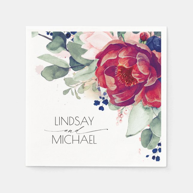 Guardanapo De Papel Vermelho brilhante e Elegante Floral Azul Marinho (Frente)