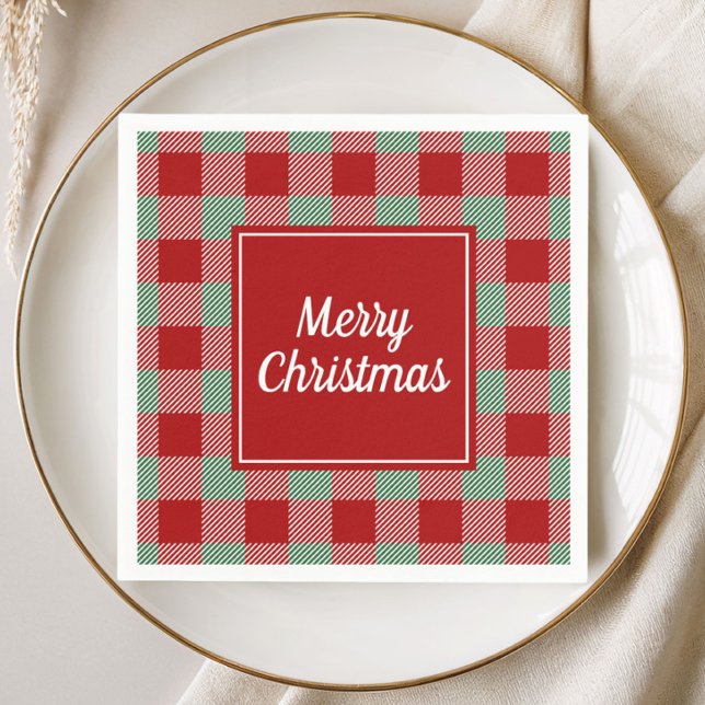 Guardanapo De Papel Vermelho Clássico Xadrez Feliz Natal (Classic Red Plaid Merry Christmas Napkins)