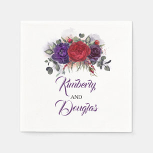 Guardanapo De Papel Vermelho de Borgonha e casamento floral roxo da