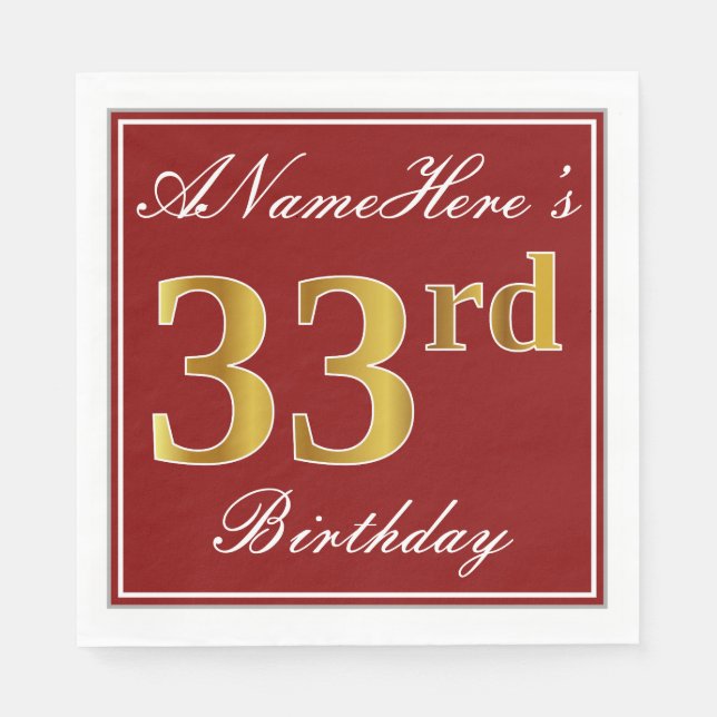 Guardanapo De Papel Vermelho Elegante, Faux Dourado 33º Aniversário +  (Frente)