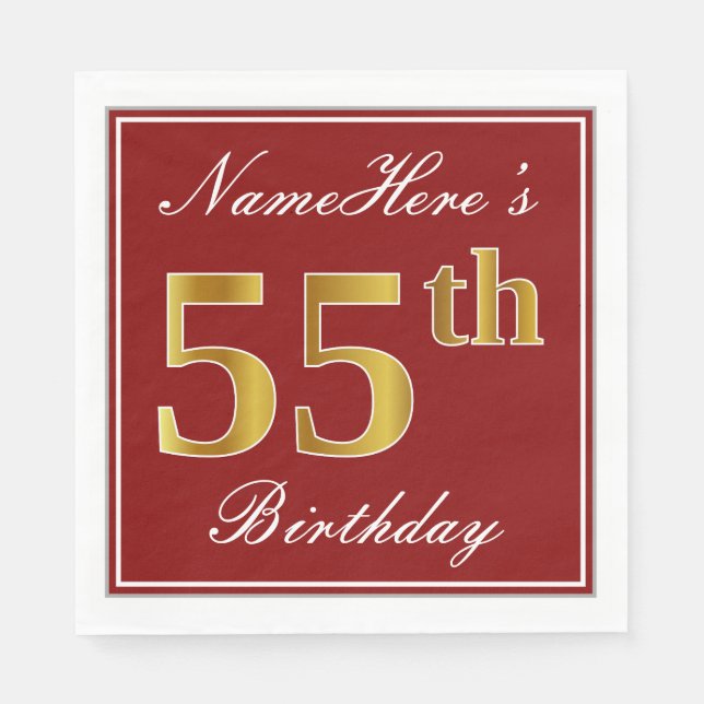 Guardanapo De Papel Vermelho Elegante, Faux Dourado 55º aniversário +  (Frente)