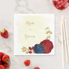 Guardanapo De Papel Vermelho escuro romântico e flores azuis marinhos