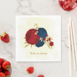 Guardanapo De Papel Vermelho escuro romântico e flores azuis marinhos