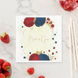 Guardanapo De Papel Vermelho escuro romântico e flores azuis marinhos