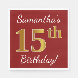Guardanapo De Papel Vermelho, Faux Dourado 15 Birthday + nome personal