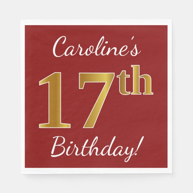 Guardanapo De Papel Vermelho, Faux Dourado 17º Aniversário + Nome Pers (Frente)