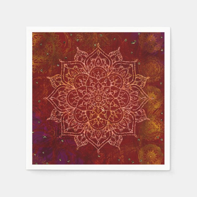 Guardanapo De Papel Vermelho Ferrugem Mandala Dourado Glam Moderno Chi (Frente)