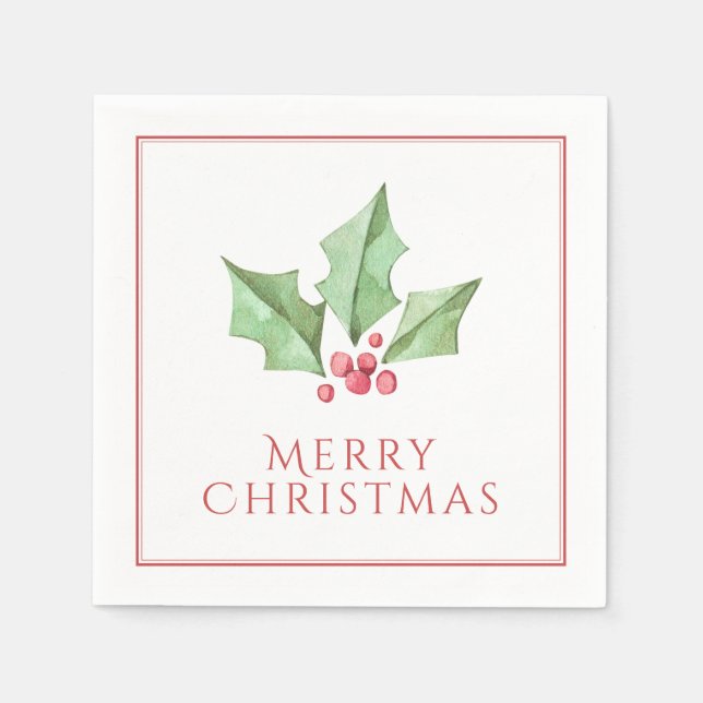 Guardanapo De Papel Vermelho Natal Alegre Folhas de Azevinho Férias (Frente)