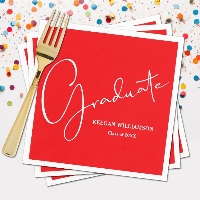 Guardanapo De Papel Vermelho para Graduação de Script Moderno (Modern white script on red  graduation party napkins, paper plates in our store)