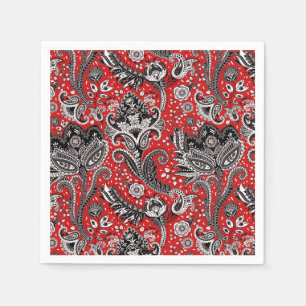 Guardanapo De Papel Vermelho Preto & Branco Floral Paisley Boêmio Boho
