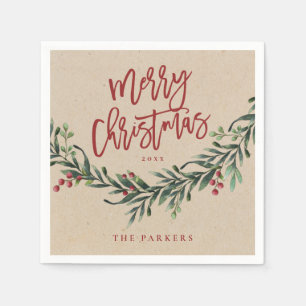 Guardanapo De Papel Vermelho Rústico Letra de Natal Folhagem