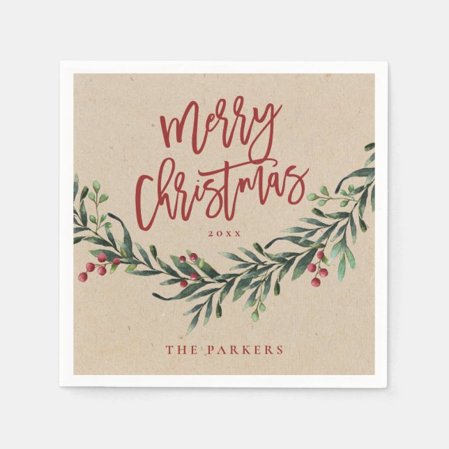 Guardanapo De Papel Vermelho Rústico Letra de Natal Folhagem (Frente)