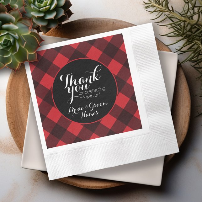 Guardanapo De Papel Vermelho Rústico Preto Padrão Xadrez Búfalo Obriga (Personalized Wedding Thank You Napkins)