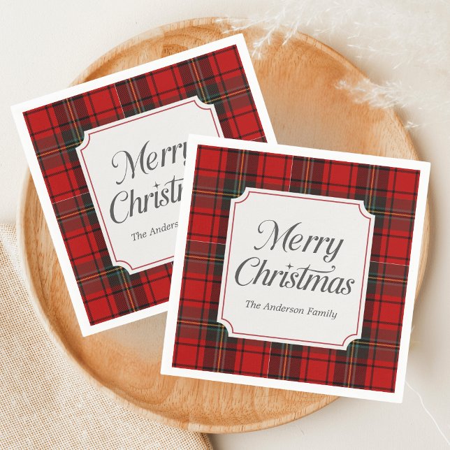 Guardanapo De Papel Vermelho Xadrez Feliz Natal (Red Plaid Modern Merry Christmas Holiday Napkin)