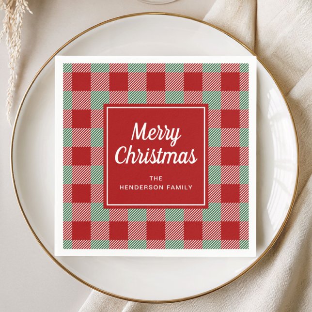 Guardanapo De Papel Vermelho Xadrez Rústico Feliz Natal (Rustic Red Plaid Merry Christmas Napkins)