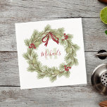 Guardanapo De Papel Verruga Botânica de Natal Red Holly Monograma<br><div class="desc">Monograma de natal,  elegante pinheiro botânico verde-verde,  folhagem simples minimalista de inverno,  nome inicial monograma moderno,  roteiro de caligrafia de na moda,  fonte moderna de tipografia branca,  decoração de natal de Natal,  terra vermelha e verde-aquarela,  festa rusticária da fazenda,  coquetel de Natal</div>