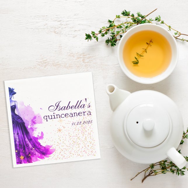 Guardanapo De Papel Vestido de Quince Glam Gótico roxo ( These are napkins intended for a Quinceañera, designed with a Gothic Glam aesthetic.)