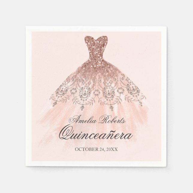 Guardanapo De Papel Vestido de Sparkle rosa Dourado Quinceanera Napkin (Frente)