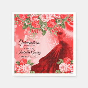 Guardanapo De Papel Vestido e flores vermelhos de Quinceañera