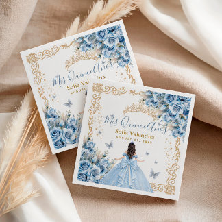 Guardanapo De Papel Vestido Elegante Azul Bebê Dourado Princesa Quince