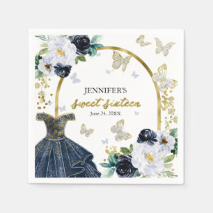 Guardanapo De Papel Vestido Floral Azul Marinho Sweet 16 Borboleta