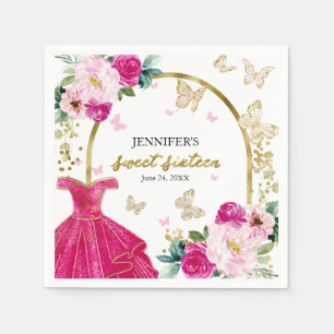 Guardanapo De Papel Vestido Floral Rosa Quente Sweet 16 Borboleta