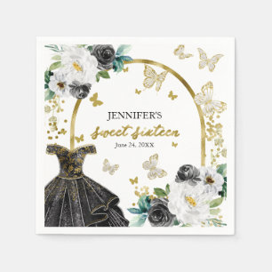 Guardanapo De Papel Vestido Preto Floral Dourado Sweet 16 Borboleta