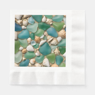 Guardanapo De Papel Vidro de Praia Azul e Verde e Conchas do Mar