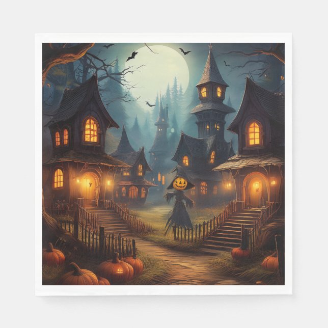 Guardanapo De Papel Vila Assustadora de Halloween com Espantalho (Frente)
