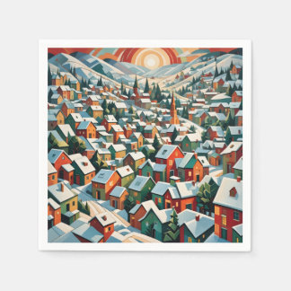 Guardanapo De Papel village d'hiver sous la neige vintage