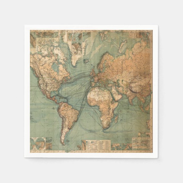 Guardanapo De Papel Vintage Antigo Mapa Mundial Antiquado (Frente)