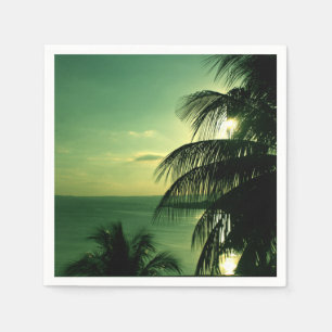 Guardanapo De Papel Vintage Beach Sunset Green Blue Sky Palm Negro