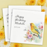 Guardanapo De Papel Vintage Birds Canaries Flores Feliz Aniversário<br><div class="desc">Bonito festa de aniversário de papel personalizado "Feliz aniversário" com um canário amarelo cantando nos ramos de uma árvore florescendo com flores de primavera. Personalizada com o nome da convidada de honra em uma letra elegante, junto com a data do seu partido. Entre em contato comigo para obter assistência com...</div>