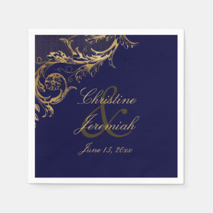Guardanapo De Papel Vintage Blue Floral Dourado Casamento de Script de