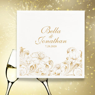 Guardanapo De Papel Vintage Chic Wedding Dourado Personalização Floral
