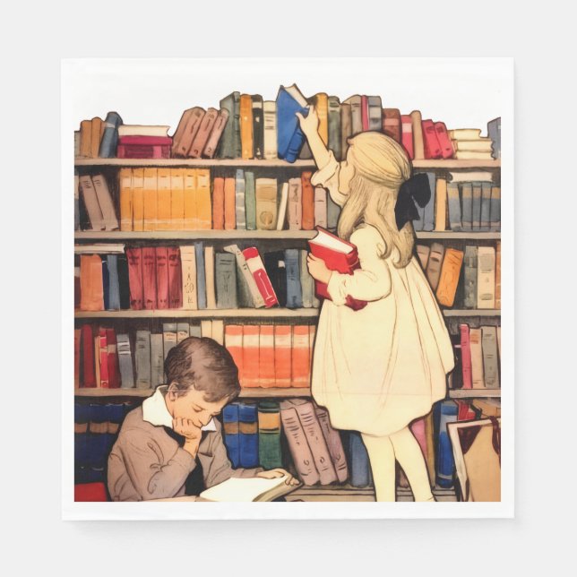 Guardanapo De Papel Vintage Children Reading Library Books (Frente)